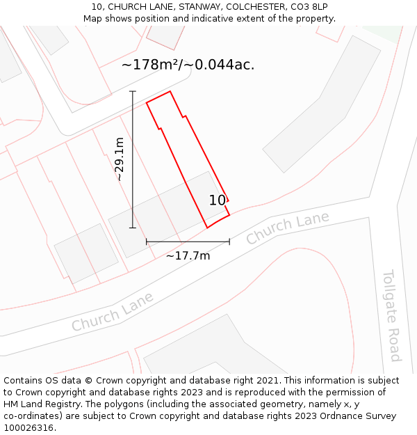 10, CHURCH LANE, STANWAY, COLCHESTER, CO3 8LP: Plot and title map