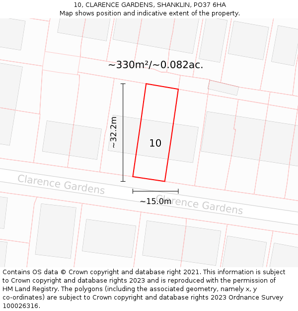 10, CLARENCE GARDENS, SHANKLIN, PO37 6HA: Plot and title map