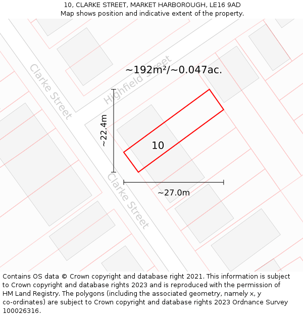 10, CLARKE STREET, MARKET HARBOROUGH, LE16 9AD: Plot and title map