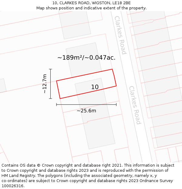 10, CLARKES ROAD, WIGSTON, LE18 2BE: Plot and title map