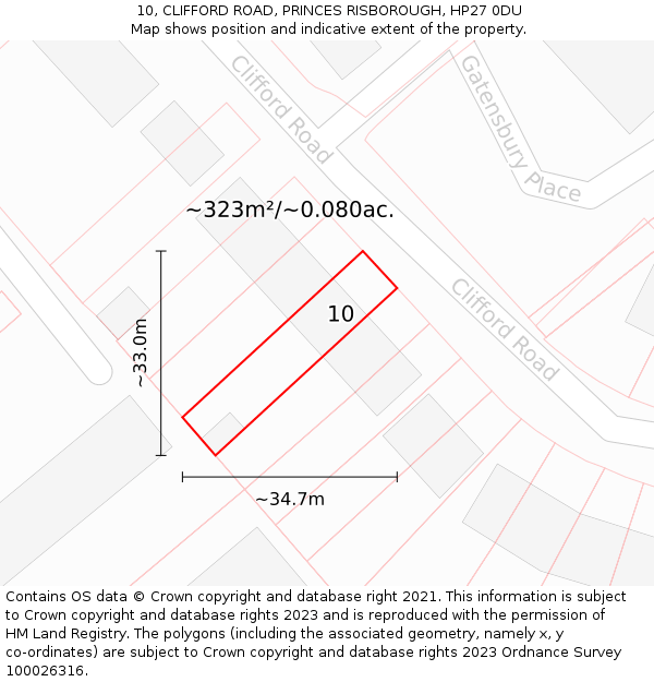 10, CLIFFORD ROAD, PRINCES RISBOROUGH, HP27 0DU: Plot and title map