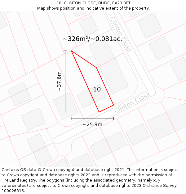 10, CLINTON CLOSE, BUDE, EX23 8ET: Plot and title map