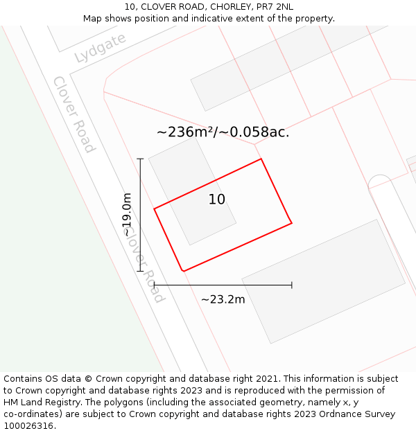 10, CLOVER ROAD, CHORLEY, PR7 2NL: Plot and title map