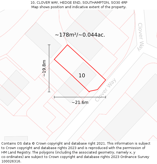 10, CLOVER WAY, HEDGE END, SOUTHAMPTON, SO30 4RP: Plot and title map