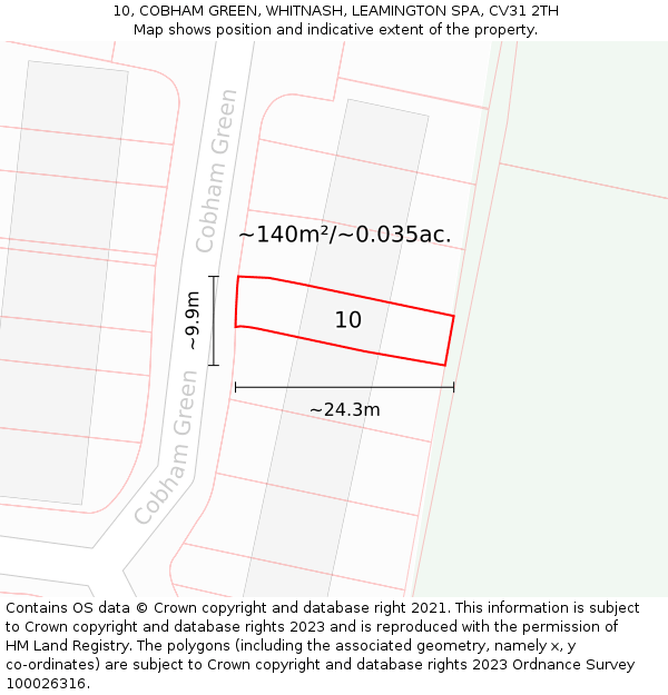 10, COBHAM GREEN, WHITNASH, LEAMINGTON SPA, CV31 2TH: Plot and title map