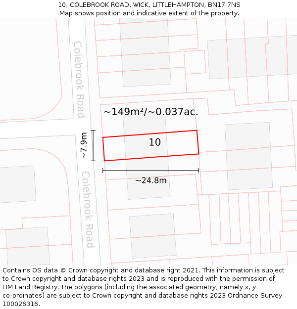 10, COLEBROOK ROAD, WICK, LITTLEHAMPTON, BN17 7NS: Plot and title map