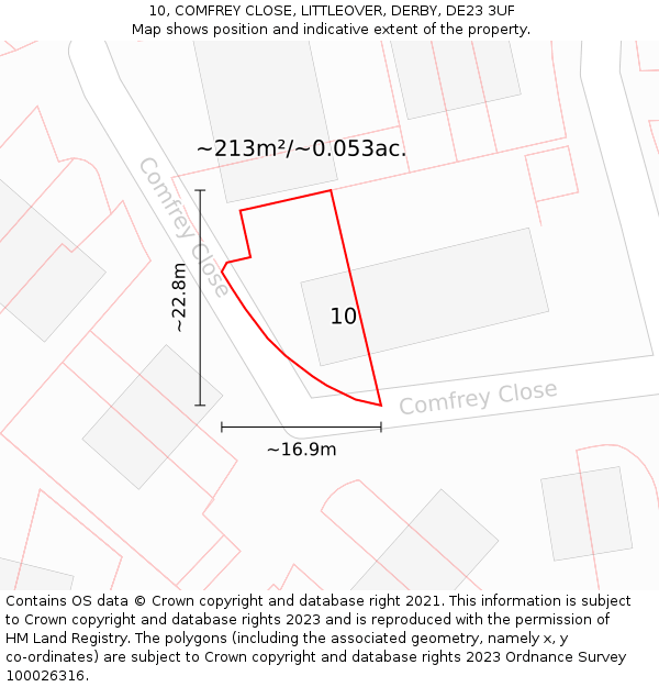 10, COMFREY CLOSE, LITTLEOVER, DERBY, DE23 3UF: Plot and title map