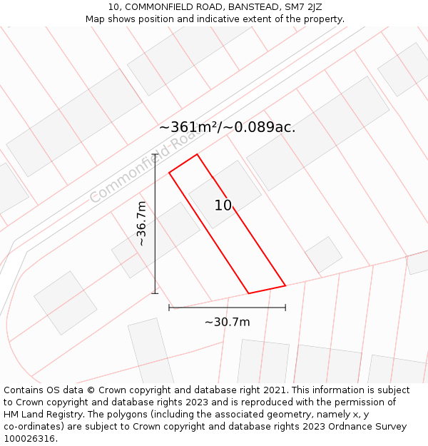 10, COMMONFIELD ROAD, BANSTEAD, SM7 2JZ: Plot and title map