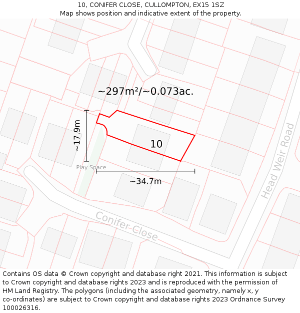 10, CONIFER CLOSE, CULLOMPTON, EX15 1SZ: Plot and title map