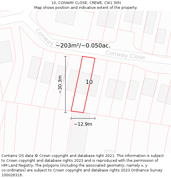 10, CONWAY CLOSE, CREWE, CW1 3XN: Plot and title map