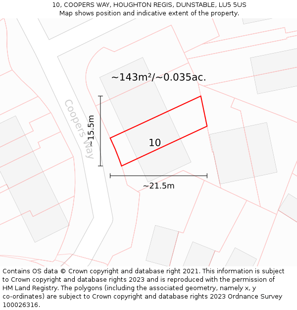 10, COOPERS WAY, HOUGHTON REGIS, DUNSTABLE, LU5 5US: Plot and title map