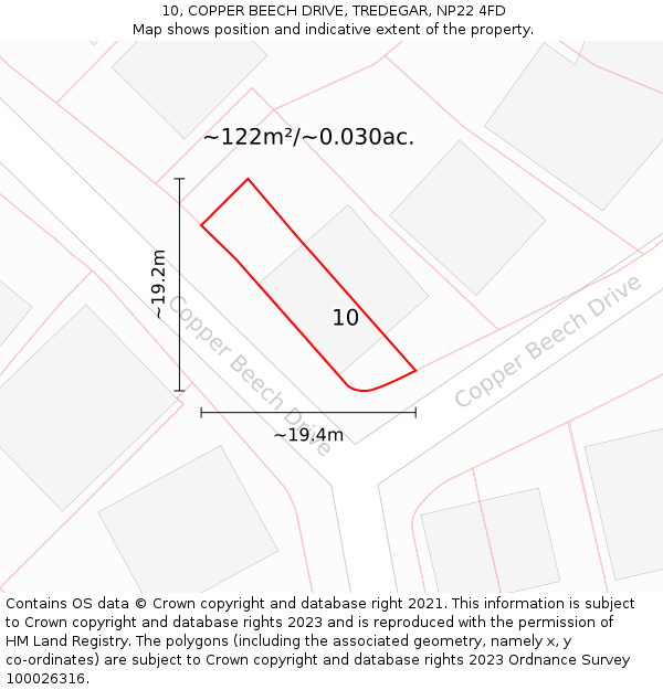 10, COPPER BEECH DRIVE, TREDEGAR, NP22 4FD: Plot and title map