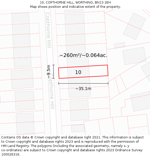 10, COPTHORNE HILL, WORTHING, BN13 2EH: Plot and title map
