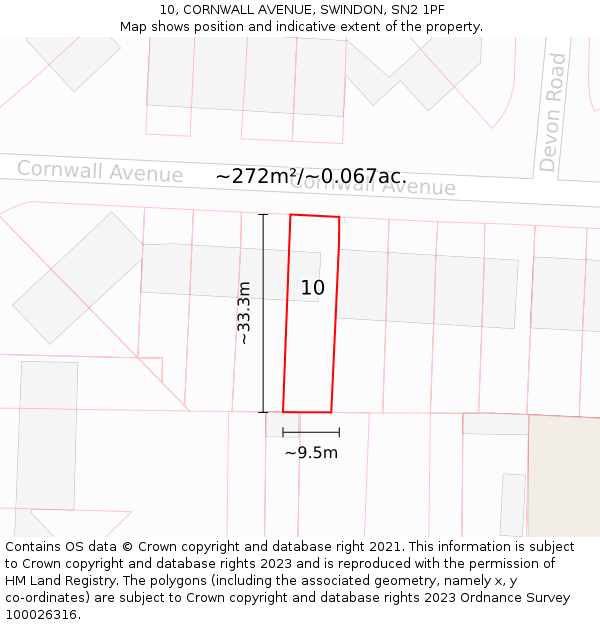 10, CORNWALL AVENUE, SWINDON, SN2 1PF: Plot and title map