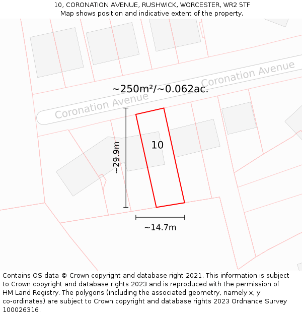 10, CORONATION AVENUE, RUSHWICK, WORCESTER, WR2 5TF: Plot and title map