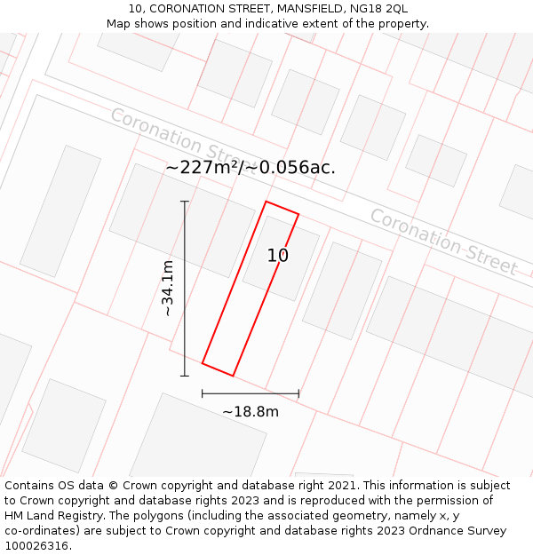 10, CORONATION STREET, MANSFIELD, NG18 2QL: Plot and title map