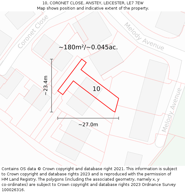 10, CORONET CLOSE, ANSTEY, LEICESTER, LE7 7EW: Plot and title map