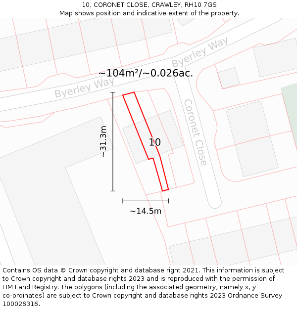 10, CORONET CLOSE, CRAWLEY, RH10 7GS: Plot and title map