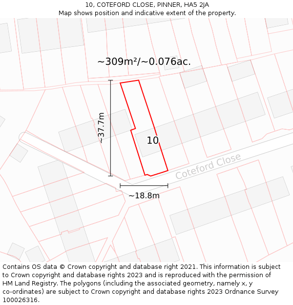 10, COTEFORD CLOSE, PINNER, HA5 2JA: Plot and title map