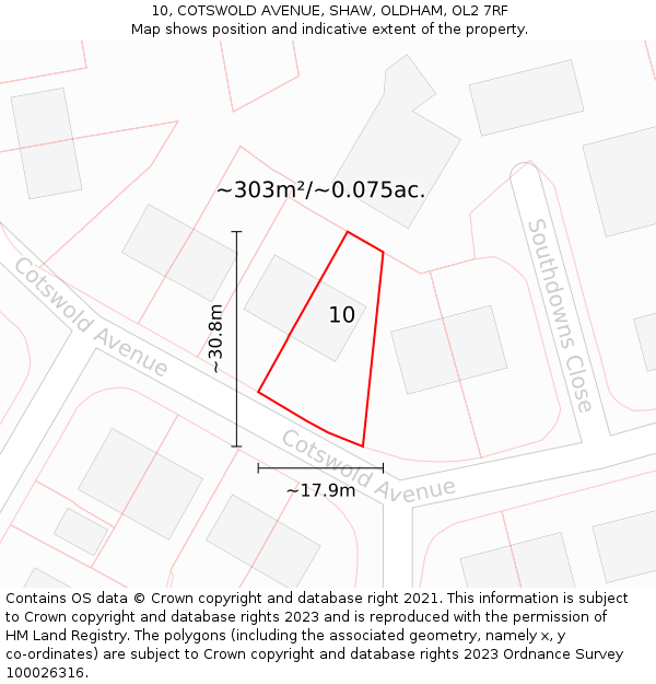 10, COTSWOLD AVENUE, SHAW, OLDHAM, OL2 7RF: Plot and title map