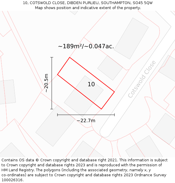10, COTSWOLD CLOSE, DIBDEN PURLIEU, SOUTHAMPTON, SO45 5QW: Plot and title map