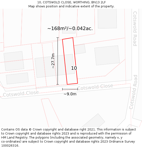 10, COTSWOLD CLOSE, WORTHING, BN13 2LF: Plot and title map