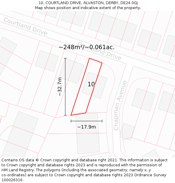 10, COURTLAND DRIVE, ALVASTON, DERBY, DE24 0GJ: Plot and title map
