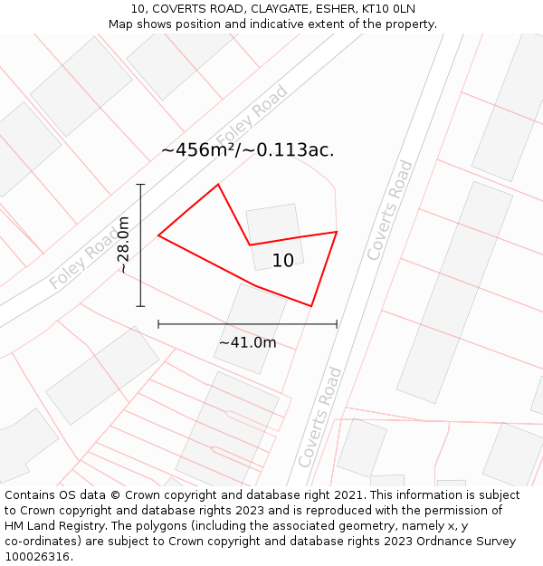 10, COVERTS ROAD, CLAYGATE, ESHER, KT10 0LN: Plot and title map