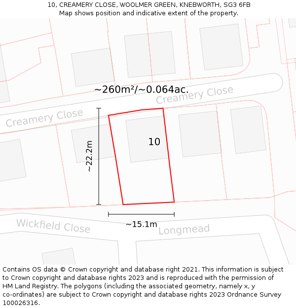 10, CREAMERY CLOSE, WOOLMER GREEN, KNEBWORTH, SG3 6FB: Plot and title map