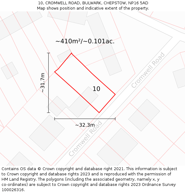10, CROMWELL ROAD, BULWARK, CHEPSTOW, NP16 5AD: Plot and title map