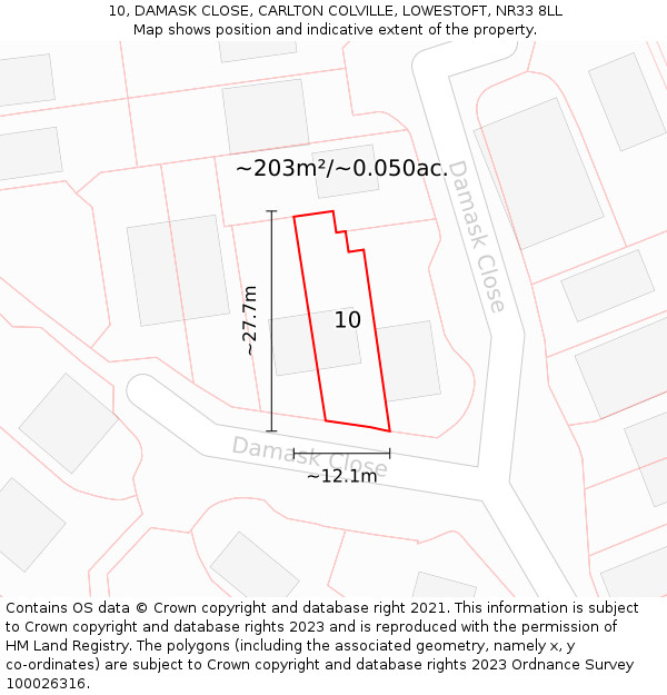10, DAMASK CLOSE, CARLTON COLVILLE, LOWESTOFT, NR33 8LL: Plot and title map