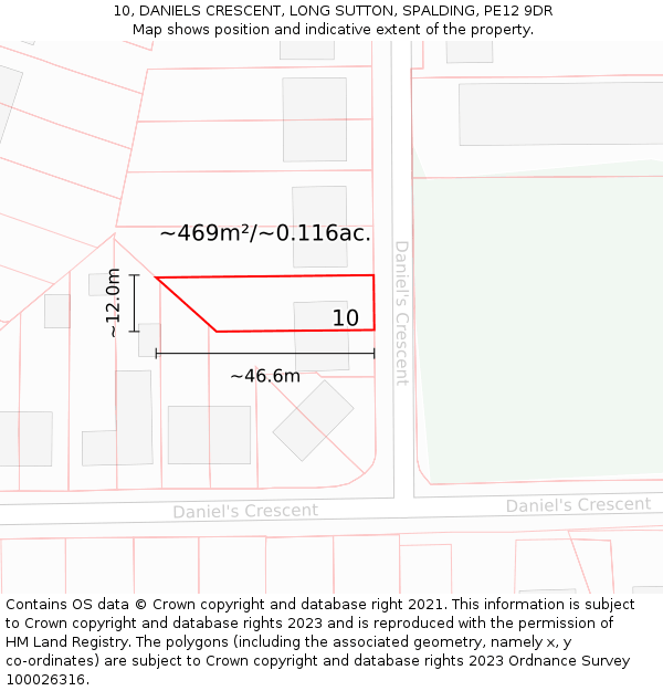 10, DANIELS CRESCENT, LONG SUTTON, SPALDING, PE12 9DR: Plot and title map