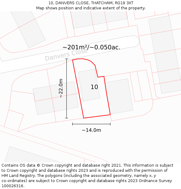 10, DANVERS CLOSE, THATCHAM, RG19 3XT: Plot and title map