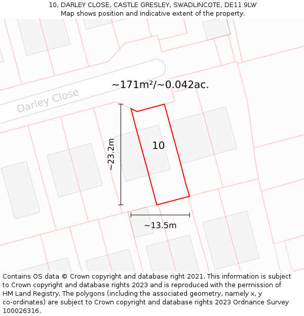 10, DARLEY CLOSE, CASTLE GRESLEY, SWADLINCOTE, DE11 9LW: Plot and title map