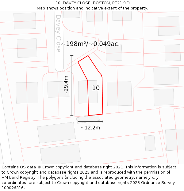 10, DAVEY CLOSE, BOSTON, PE21 9JD: Plot and title map