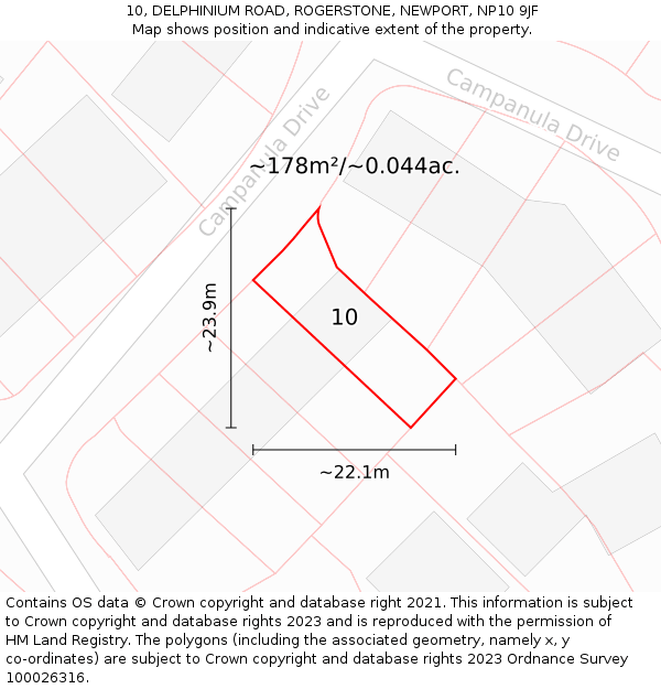 10, DELPHINIUM ROAD, ROGERSTONE, NEWPORT, NP10 9JF: Plot and title map