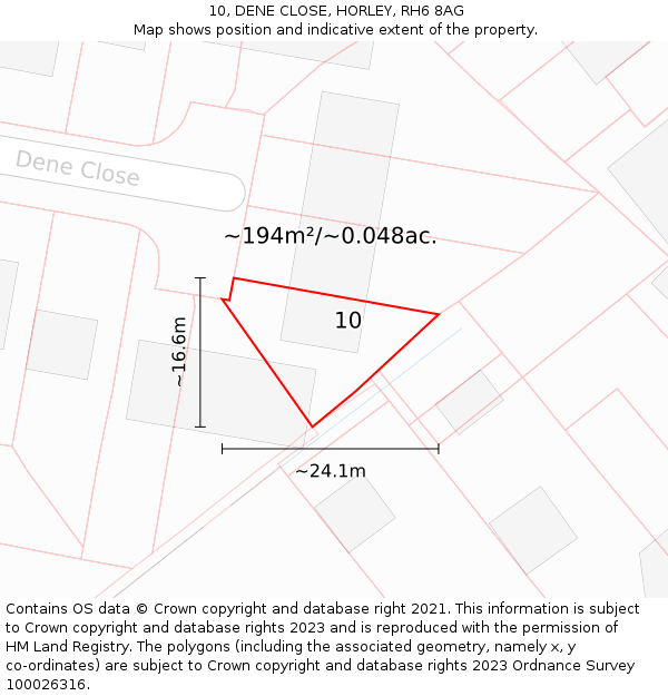 10, DENE CLOSE, HORLEY, RH6 8AG: Plot and title map