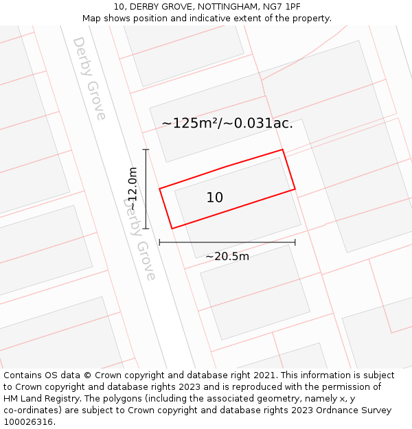 10, DERBY GROVE, NOTTINGHAM, NG7 1PF: Plot and title map