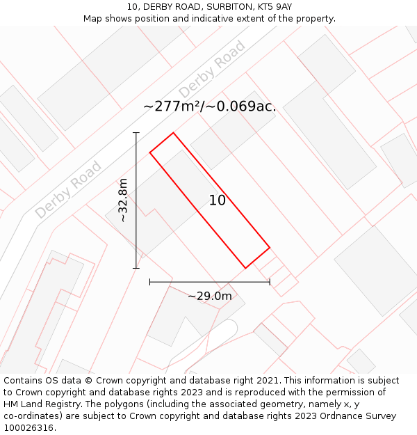 10, DERBY ROAD, SURBITON, KT5 9AY: Plot and title map