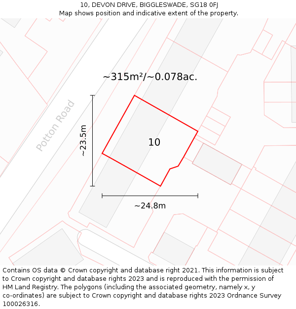10, DEVON DRIVE, BIGGLESWADE, SG18 0FJ: Plot and title map