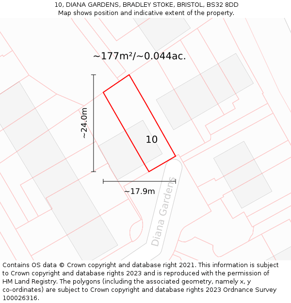 10, DIANA GARDENS, BRADLEY STOKE, BRISTOL, BS32 8DD: Plot and title map