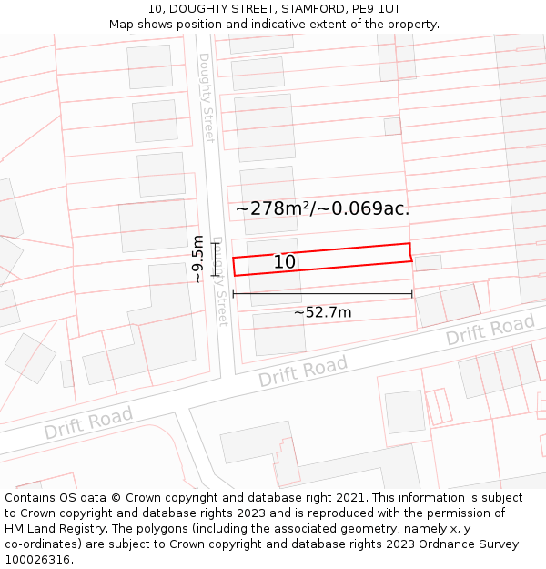 10, DOUGHTY STREET, STAMFORD, PE9 1UT: Plot and title map