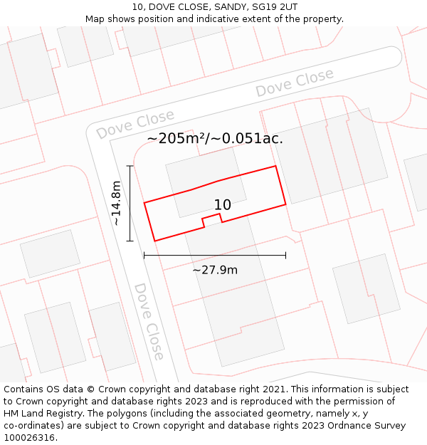 10, DOVE CLOSE, SANDY, SG19 2UT: Plot and title map