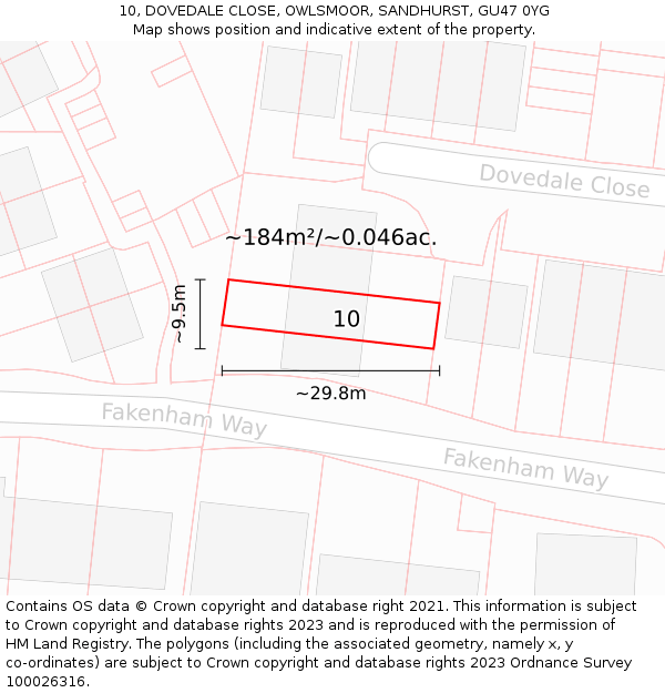 10, DOVEDALE CLOSE, OWLSMOOR, SANDHURST, GU47 0YG: Plot and title map