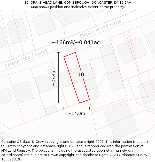 10, DRAKE HEAD LANE, CONISBROUGH, DONCASTER, DN12 2AA: Plot and title map