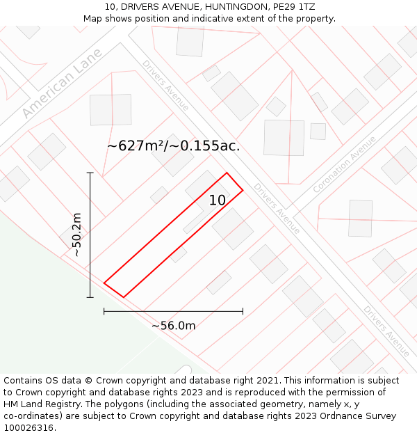 10, DRIVERS AVENUE, HUNTINGDON, PE29 1TZ: Plot and title map