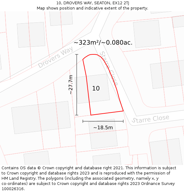 10, DROVERS WAY, SEATON, EX12 2TJ: Plot and title map