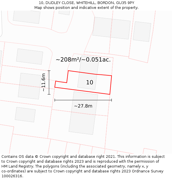 10, DUDLEY CLOSE, WHITEHILL, BORDON, GU35 9PY: Plot and title map