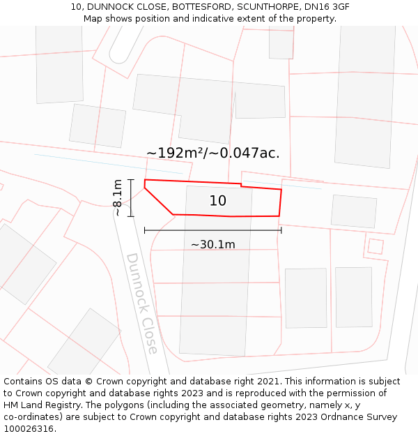 10, DUNNOCK CLOSE, BOTTESFORD, SCUNTHORPE, DN16 3GF: Plot and title map