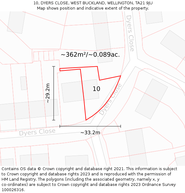 10, DYERS CLOSE, WEST BUCKLAND, WELLINGTON, TA21 9JU: Plot and title map